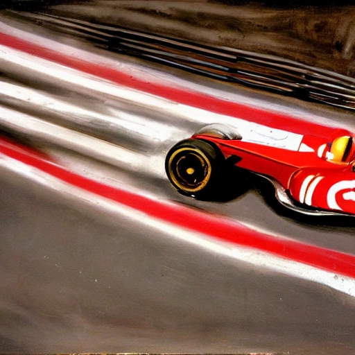 high quality high detail painting by lucian freud, hd, portrait of red f1 car speeding through Italy, photorealistic lighting