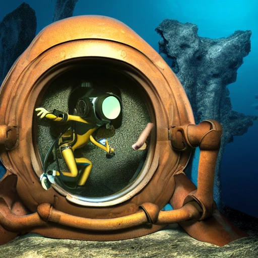 A deep-sea diver exploring a mysterious sunken ship, filled with mysterious artifacts and strange creatures. --ar 4:3 --s 5000 --uplight --q 3, 3D