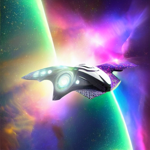 A futuristic spaceship flying through a nebula, filled with vibrant colors and intricate details. --ar 4:3 --s 42000 --uplight --q 3