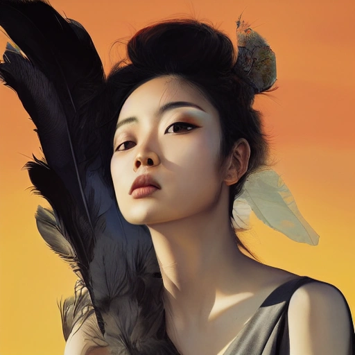 Ruan Jia, Ye, high-detailed face, black long-haired beauty in off-the-shoulder dress, portrait, black feathers falling, 8K, light and shadow, background is blue sky and sunset.