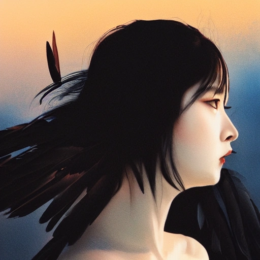 Ruan Jia, Ye, high detailed face, beautiful and sexy black-haired girl, wearing off-shoulder clothes, portrait, black feathers falling, 8K, light and shadow, background is blue sky and sunset.