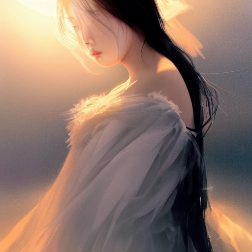 Ruan Jia, Ye, high detailed face, beautiful and sexy black-haired girl, wearing off-shoulder clothes, portrait, black feathers falling, 8K, light and shadow, background is blue sky and sunset.