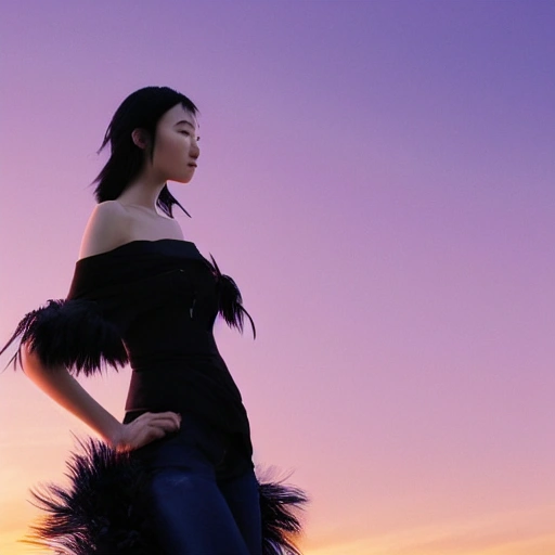 Ruan Jia, Ye, high detailed face, beautiful and sexy black-haired girl, wearing off-shoulder clothes, portrait, black feathers falling, 8K, light and shadow, background is blue sky and sunset.