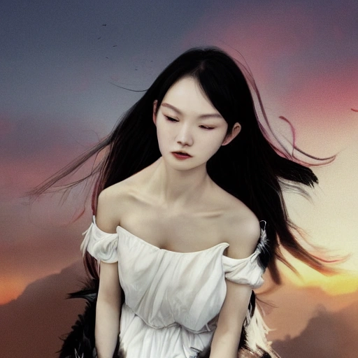 Ruan Jia, Ye, high detailed face, beautiful and sexy black-haired girl, wearing off-shoulder clothes, portrait, black feathers falling, 8K, light and shadow, background is blue sky and sunset.