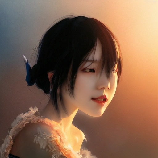 Ruan Jia, Ye, high detailed face, beautiful and sexy black-haired girl, wearing off-shoulder clothes, portrait, delicate beautiful eyes, black feathers falling, 8K, light and shadow, background is blue sky and sunset.