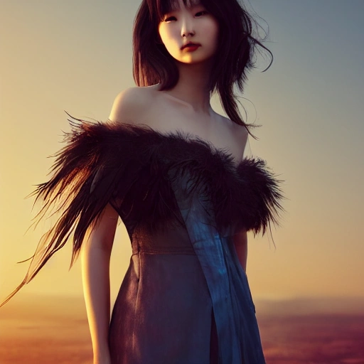 Ruan Jia, Ye, high detailed face, beautiful and sexy black-haired girl, wearing off-shoulder clothes, portrait, delicate beautiful eyes, black feathers falling, 8K, light and shadow, background is blue sky and sunset.