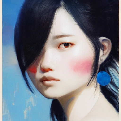 Ruan Jia, Ye, high detailed face, beautiful and sexy black-haired girl, wearing off-shoulder clothes, portrait, delicate beautiful eyes, black feathers falling, 8K, light and shadow, background is blue sky and sunset.