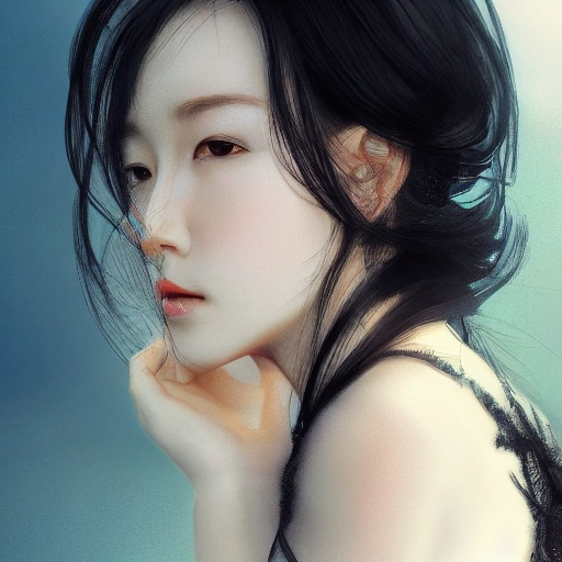 Ruan Jia, Ye, high detailed face, beautiful and sexy black-haired girl, wearing off-shoulder clothes, portrait, delicate beautiful eyes, black feathers falling, 8K, light and shadow, background is blue sky and sunset.