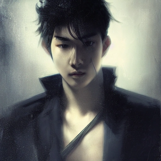 Ruan Jia, night, high-detail human face, realistic, black hair, young, handsome, man, 8K, light and shadow, Japanese style, high-detail upper body, trench coat