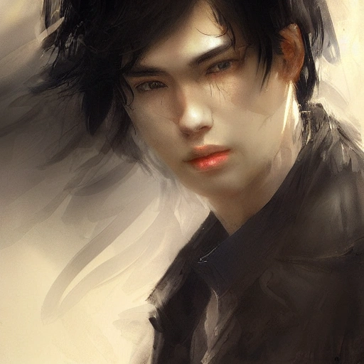 Ruan Jia, night, high-detail human face, realistic, black hair, young, handsome, man, 8K, light and shadow, Japanese style, high-detail upper body, trench coat