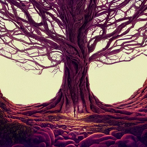 Prompt: Illustration of a surreal, otherworldly scene featuring a giant, detailed and intricate tree with beautiful lighting and realistic proportions, as if it were a cinematic background, 4k, clean, realistic face, realistic eyes, highest quality, realistic hands, trending on artstation, masterpiece