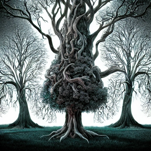 Prompt: Illustration of a surreal, otherworldly scene featuring a giant, detailed and intricate tree with beautiful lighting and realistic proportions, as if it were a cinematic background, 4k, clean, realistic face, realistic eyes, highest quality, realistic hands, trending on artstation, masterpiece, Trippy