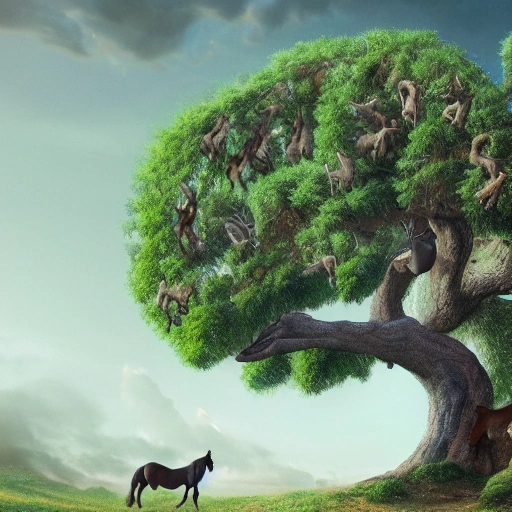 Prompt: Illustration of a surreal, horse scene featuring a giant, detailed and intricate tree with beautiful lighting and realistic proportions, as if it were a cinematic background, 4k, clean, realistic face, realistic eyes, highest quality, realistic hands, trending on artstation, masterpiece, 