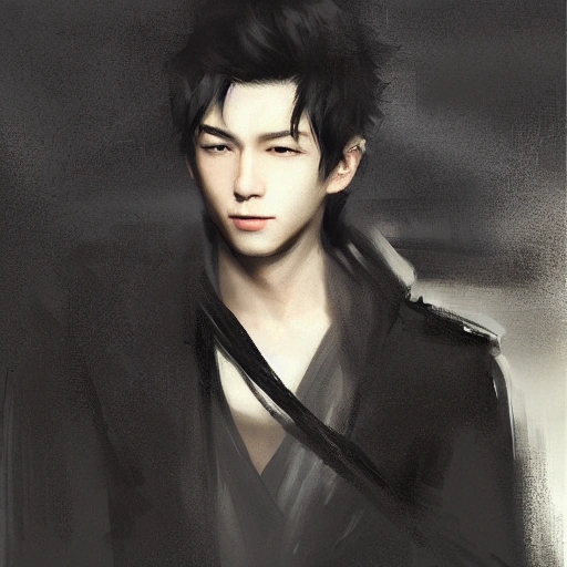 Ruan Jia, night, high-detail human face, realistic, black hair, young, handsome, man, 8K, light and shadow, Japanese style, high-detail upper body, trench coat