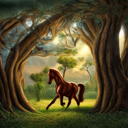 Prompt: Illustration of a surreal, horse scene featuring a giant, detailed and intricate tree with beautiful lighting and realistic proportions, as if it were a cinematic background, 4k, clean, realistic face, realistic eyes, highest quality, realistic hands, trending on artstation, masterpiece, , Trippy