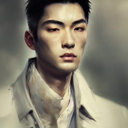 Ruan Jia, night, high-detail human face, realistic, black hair, young, handsome, man, 8K, light and shadow, Japanese style, high-detail upper body, trench coat