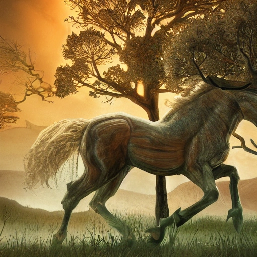 Prompt: Illustration of a surreal, horse scene featuring a giant, detailed and intricate tree with beautiful lighting and realistic proportions, as if it were a cinematic background, 4k, clean, realistic face, realistic eyes, highest quality, realistic hands, trending on artstation, masterpiece, , Cartoon