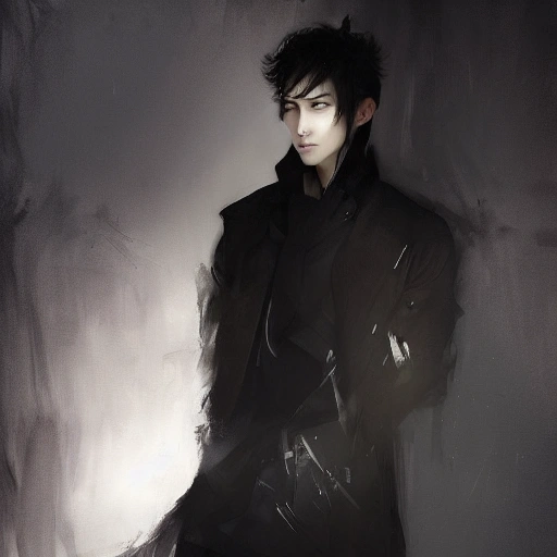 Ruan Jia, night, high-detail human face, realistic, black hair, young, handsome, man, 8K, light and shadow, Japanese style, high-detail upper body, trench coat