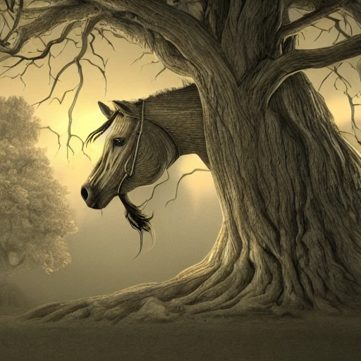 Prompt: Illustration of a surreal, horse scene featuring a giant, detailed and intricate tree with beautiful lighting and realistic proportions, as if it were a cinematic background, 4k, clean, realistic face, realistic eyes, highest quality, realistic hands, trending on artstation, masterpiece, , Pencil Sketch