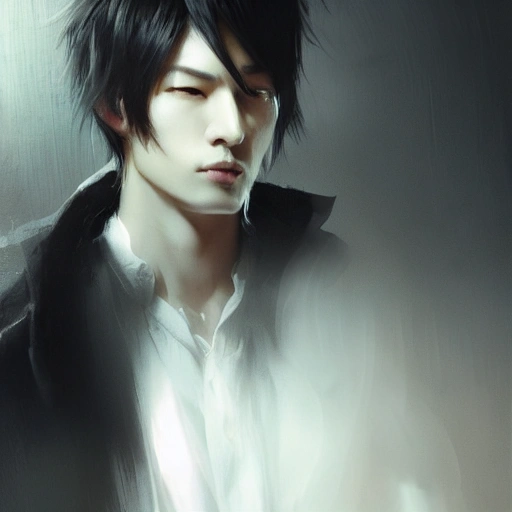 Ruan Jia, night, high-detail human face, realistic, black hair, young, handsome, man, 8K, light and shadow, Japanese style, high-detail upper body, trench coat