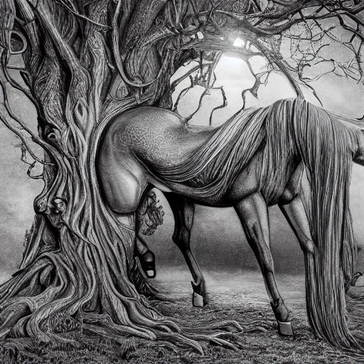 Prompt: Illustration of a surreal, horse detailed in a scene featuring a giant, detailed and intricate tree with beautiful lighting and realistic proportions, as if it were a cinematic background, 4k, clean, realistic face, realistic eyes, highest quality, realistic hands, trending on artstation, masterpiece, , Pencil Sketch