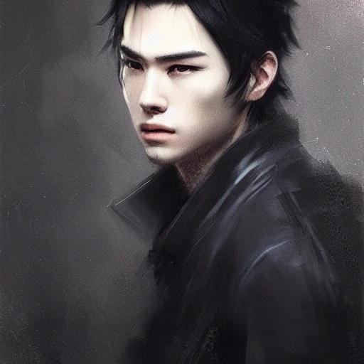 Ruan Jia, night, high-detail human face, realistic, black hair, young, handsome, man, 8K, light and shadow, Japanese style, high-detail upper body, trench coat