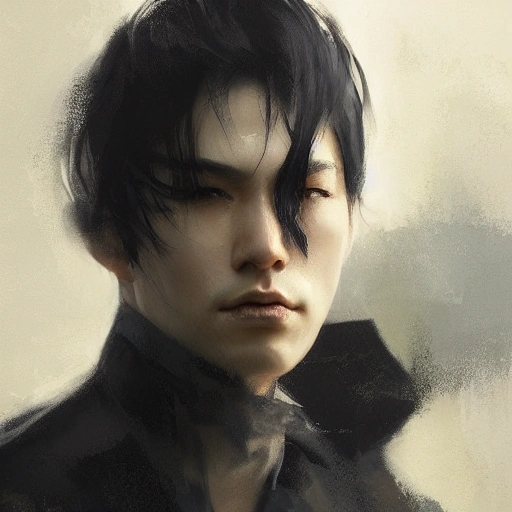 Ruan Jia, night, high-detail human face, realistic, black hair, young, handsome, man, 8K, light and shadow, Japanese style, high-detail upper body, trench coat