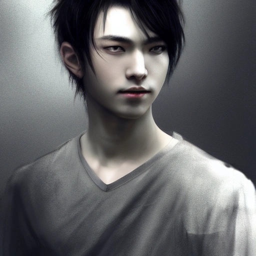 Ruan Jia, night, detailed human face, realistic, black hair young handsome man, 8K, light and shadow, Japanese style, high detail upper body, gray clothes