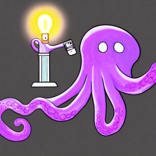 a purple octopus filmmaker holding a camera on one tentacle, a slate on another tentacle and a light on another tentacle