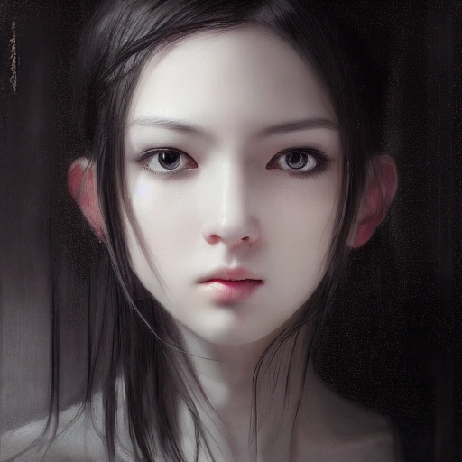 Ruan Jia, night, face details, realistic, young girl with black hair, high-detail symmetrical beautiful eyes, 8K, light and shadow, Japanese style, high-detail upper body, white clothes