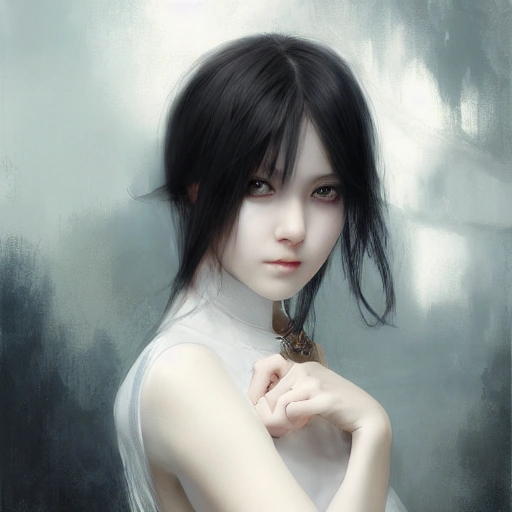 Ruan Jia, night, face details, realistic, young girl with black hair, high-detail symmetrical beautiful eyes, 8K, light and shadow, Japanese style, high-detail upper body, white clothes