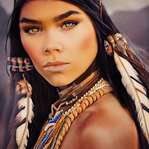 mdjrny-v4 style portrait photograph of Madison Beer as Pocahontas, young beautiful native american woman, perfect symmetrical face, feather jewelry, traditional handmade dress, armed female hunter warrior, (((wild west))) environment, Utah landscape, ultra realistic, concept art, elegant, ((intricate)), ((highly detailed)), depth of field, ((professionally color graded)), 8k, art by artgerm and greg rutkowski and alphonse mucha, no clothes 