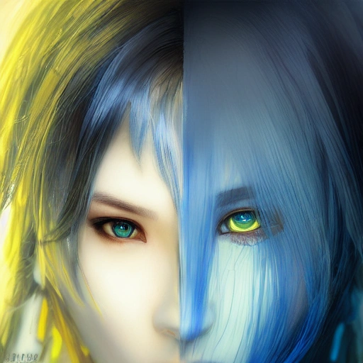 Ruan Jia, night, face detail, realistic, blue hair, young beauty, high detail symmetrical beautiful yellow eyes, 8K, light and shadow, Japanese style, high detail upper body, silver costume, superhero