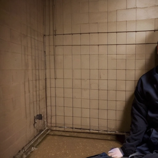 andrew tate in a dark prison cell sitting on a iron bed with no blanket, looking to the floor