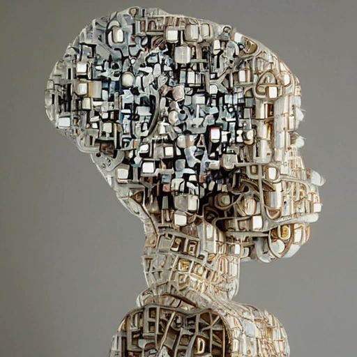 Create a mixed media sculpture that explores the concept of artificial intelligence. The sculpture should depict the idea of a machine or computer becoming increasingly human-like in its thought processes and abilities. Consider using materials such as metal and wires to convey the technological aspect, while also incorporating organic elements such as wood or stone to suggest the merging of man-made and natural elements. The sculpture should convey a sense of progress, evolution and innovation. Think about the potential implications of this technology, both positive and negative, and try to convey those ideas in the piece., 3D