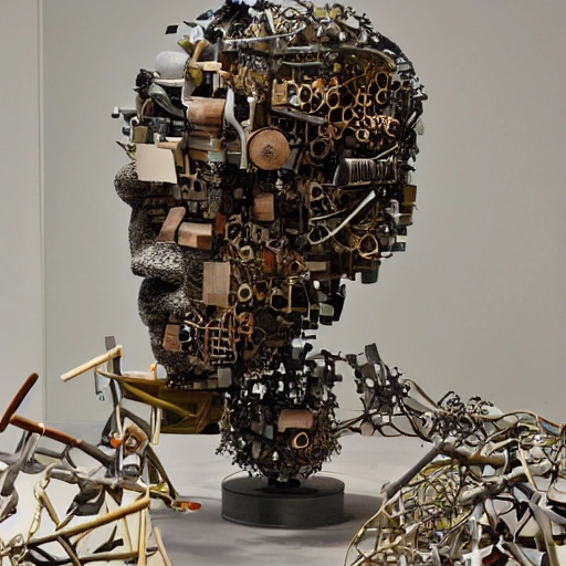 Create a mixed-media sculpture that explores the concept of artificial intelligence. The sculpture should depict the idea of a machine or computer becoming increasingly human-like in its thought processes and abilities. Consider using materials such as metal and wires to convey the technological aspect, while also incorporating organic elements such as wood or stone to suggest the merging of man-made and natural elements. The sculpture should convey a sense of progress, evolution, and innovation. Think about the potential implications of this technology, both positive and negative, and try to convey those ideas in the piece., 3D, Trippy