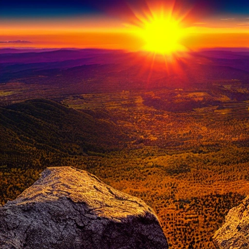 fwatch style, valley, sunset, visible sun, horizont, view from mountain, isometric, sun in the center, orange shadows