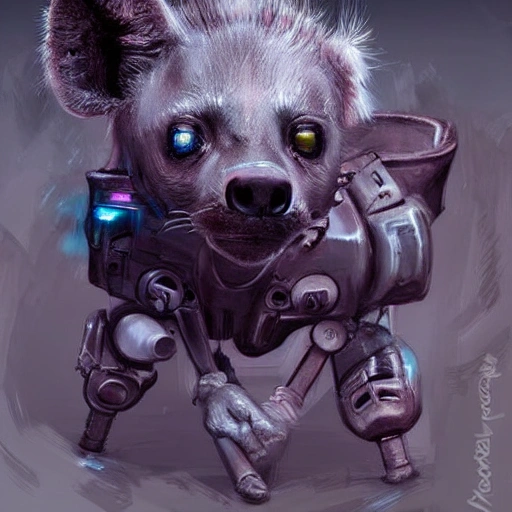 very cute baby cyborg hyena, realistic concept art, cyberpunk , Oil Painting