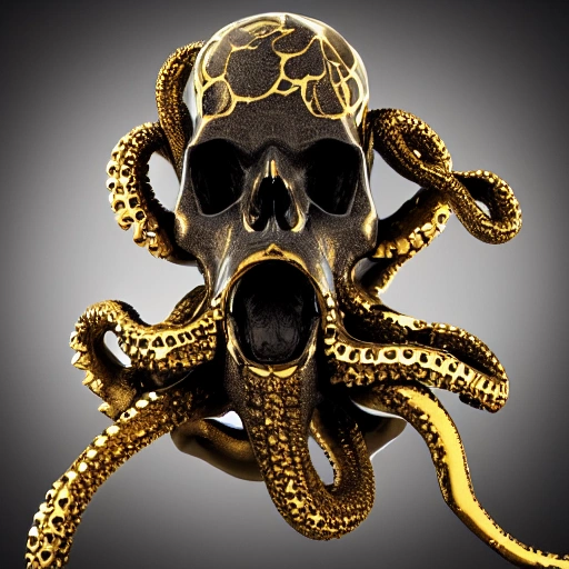 black human skull with gold octopus tentacles coming out of mouth in style of Norwegian Artist Hedi Xandt, ultra realistic, 3d, cinema, statue, white background