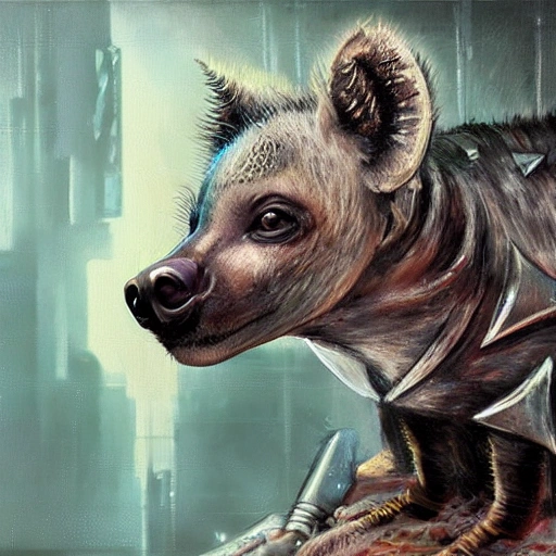 very cute baby cyborg hyena, realistic concept art, cyberpunk , Oil Painting, Oil Painting