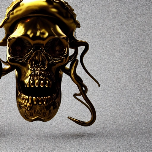 black human skull with gold octopus tentacles coming out of mouth in style of Norwegian Artist Hedi Xandt, ultra realistic, 3d, cinema, statue, white background