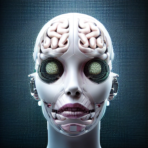 complex 3d render ultra detailed of a beautiful porcelain human brain, cyborg, robotic parts, 150 mm, beautiful studio soft light, rim light, vibrant details, luxurious cyberpunk, lace, hyperrealistic, cable electric wires, microchip, elegant, beautiful background, octane render, H. R. Giger style, 8k