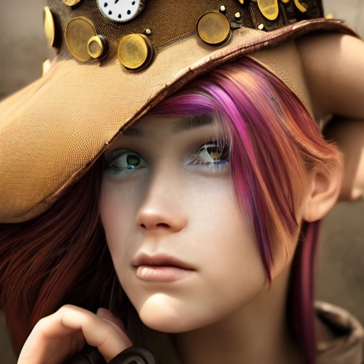 side close up portrait of 1 girl, steampunk, windblown long hair, detailed face, spotlight, steampunk city, multicolored, hyperrealistic, photografic, 8k, epic ambient light, octane render