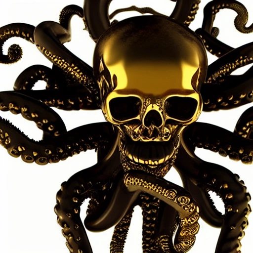 black human skull with gold octopus tentacles coming out of mouth in style of Norwegian Artist Hedi Xandt, ultra realistic, 3d, cinema, statue, white background, Trippy