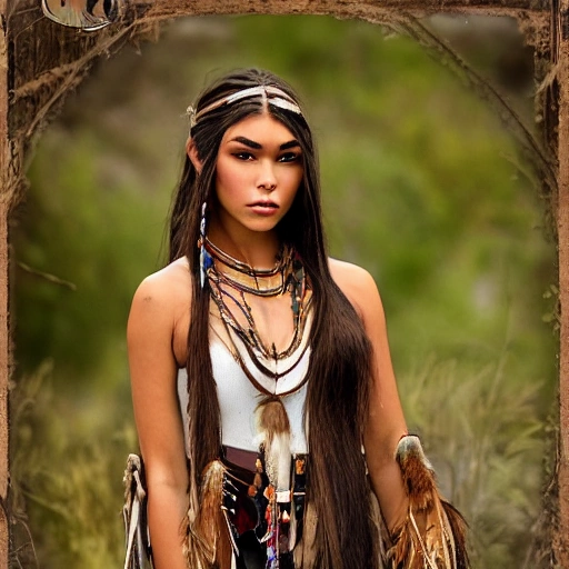 mdjrny-v4 style portrait photograph of Madison Beer as Pocahontas, young beautiful native american woman, perfect symmetrical face, feather jewelry, traditional handmade dress, armed female hunter warrior, (((wild west))) environment, Utah landscape, ultra realistic, concept art, elegant, ((intricate)), ((highly detailed)), depth of field, ((professionally color graded)), 8k, art by artgerm and greg rutkowski and alphonse mucha