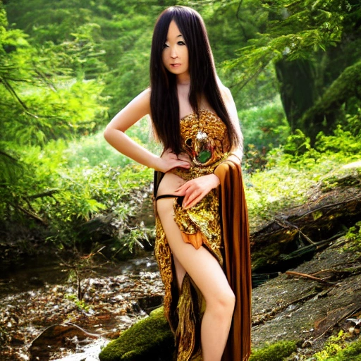 beautiful stunning young woman, hands up, perfect face, gorgeous, flowing ornate oriental asian dress, asian races, full body, goddess, sensual pose, legs, detailed face, focus on eyes, perfect figure, hdr, forest