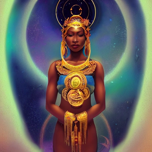 olpntng style, Alkebulan. A goddess in the cosmos. Full body.  Shadows and Dreams,. Lunar Empress, smooth soft skin, symmetrical, soft lighting, detailed face, moonlight, detailed background, concept art, digital painting, looking into camera, beautiful, godlike, cosmic, perfect, portrait, "A digital art named 'Chronicles of the Cosmos' created using a fractal filter, depicting an abstract and mesmerizing representation of the universe and its infinite mysteries. Using a combination of generative and fractal noise techniques, the artwork is designed to evoke a sense of wonder and awe, and to explore the relationship between chaos and order in the cosmos. The artwork is a visual representation of the human quest for understanding the universe and our place within it.", oil painting, heavy strokes, paint dripping