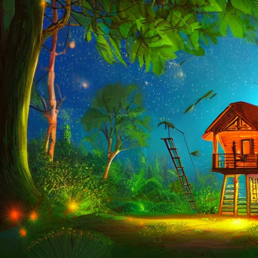 A digital illustration of a treetop house with fireflies, vivid colors, 4k, fantasy