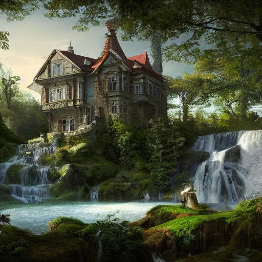 A beautiful mansion beside a waterfall in the woods, by josef thoma, matte painting, trending on artstation HQ