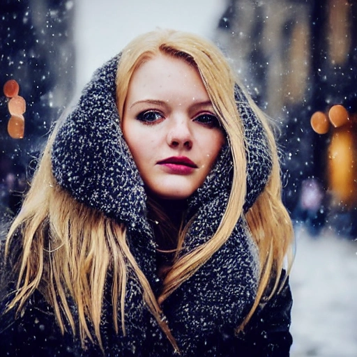 professional portrait photograph of a gorgeous Norwegian girl in winter clothing with long wavy blonde hair, sultry flirty look, (freckles), gorgeous symmetrical face, cute natural makeup, wearing elegant warm winter fashion clothing, ((standing outside in snowy city street)), stunning modern urban environment, ultra realistic, concept art, elegant, highly detailed, intricate, sharp focus, depth of field, f/1.8, 85mm, medium shot, mid shot, (((professionally color graded))), bright soft diffused light, (volumetric fog), trending on instagram, hdr 4k, 8k